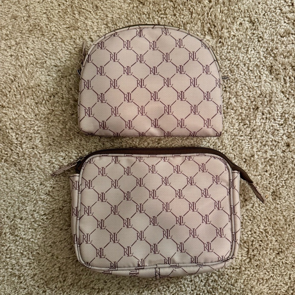 Ralph Lauren Monogram Cosmetic Travel Bag 2 piece Set Signature Pattern
